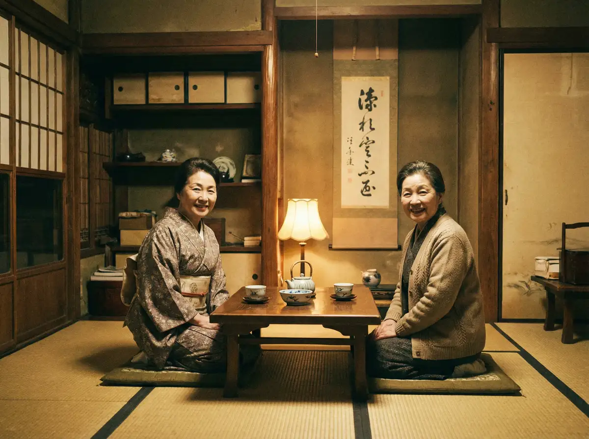 两位优雅的 www.91 在日式茶室中品茶交谈
